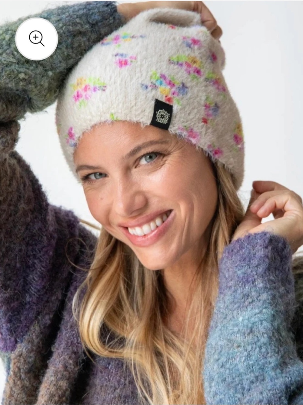 NATURAL LIFE Cashmere-like Cream Floral Knit Beanie Ditsy Blooms Honey Boho